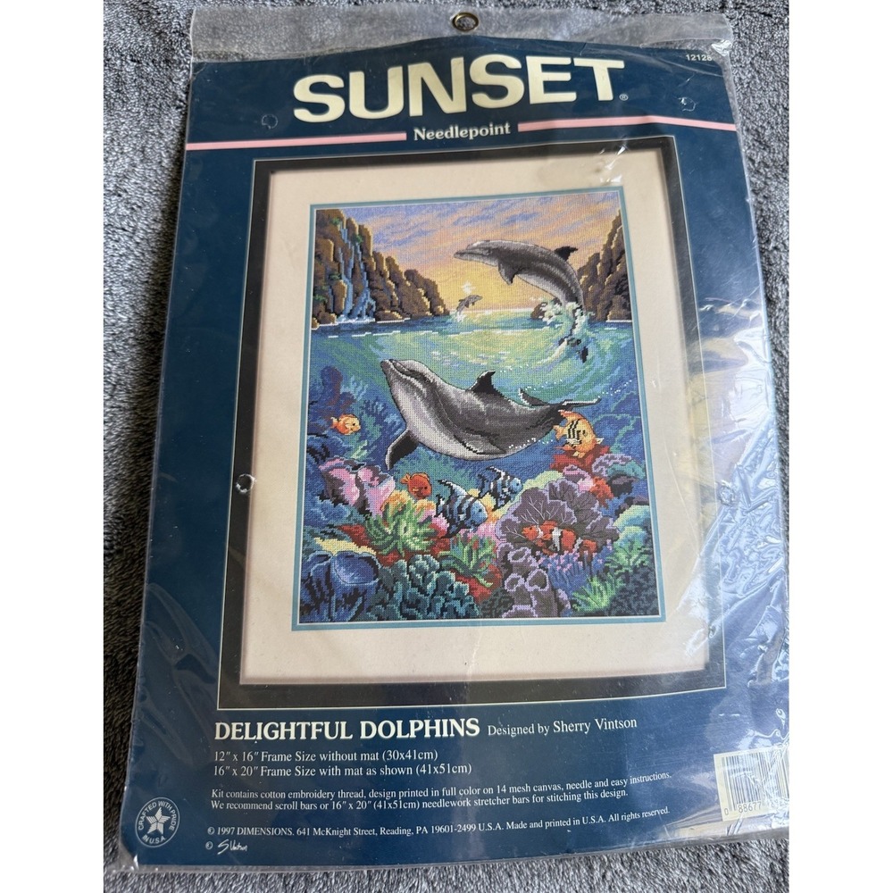 VTG Sunset DELIGHTFUL DOLPHINS Needlepoint Kit #12128 Sealed Old Stock 90's